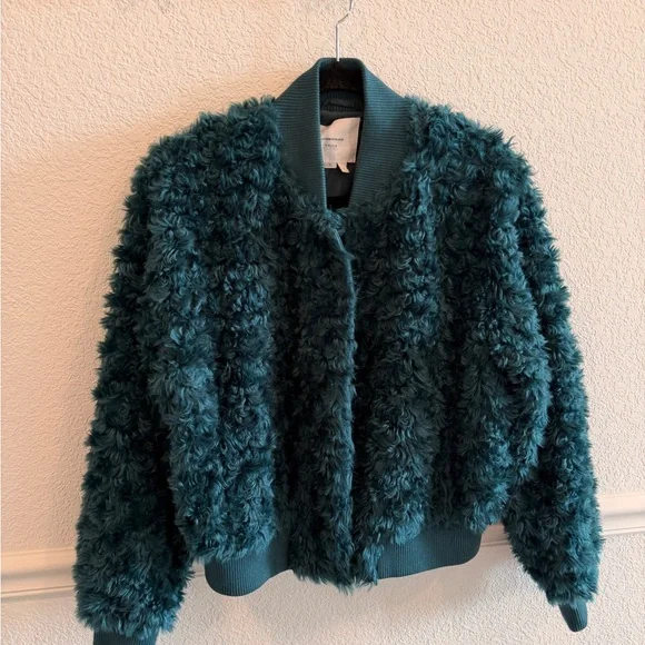 Anthropologie Teal Faux Fur Bomber Jacket - Picture 2 of 7